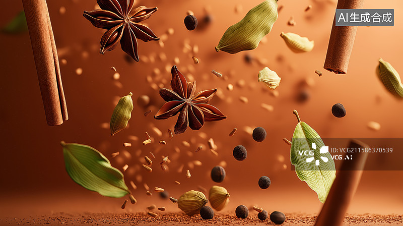 【AI数字艺术】香料空中飞舞的瞬间图片素材