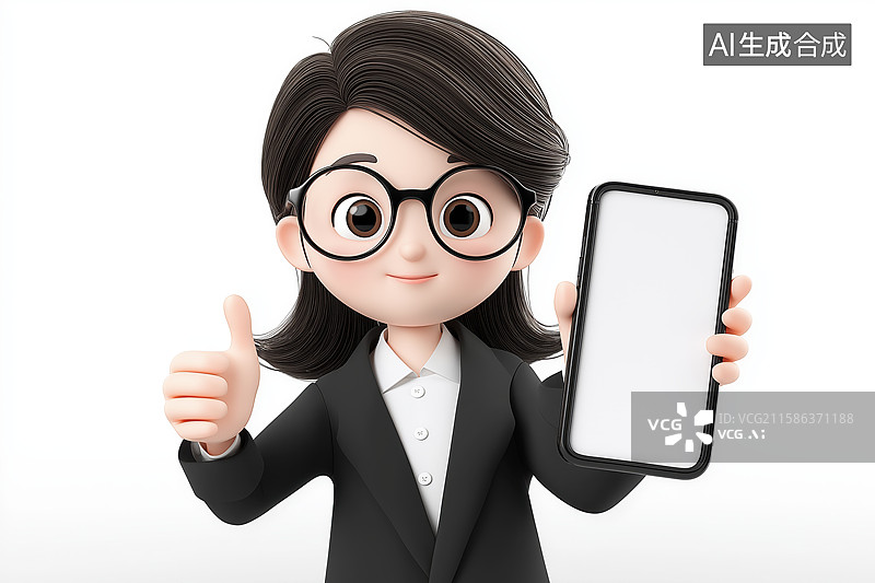 【AI数字艺术】卡通女性手持手机并竖起大拇指图片素材