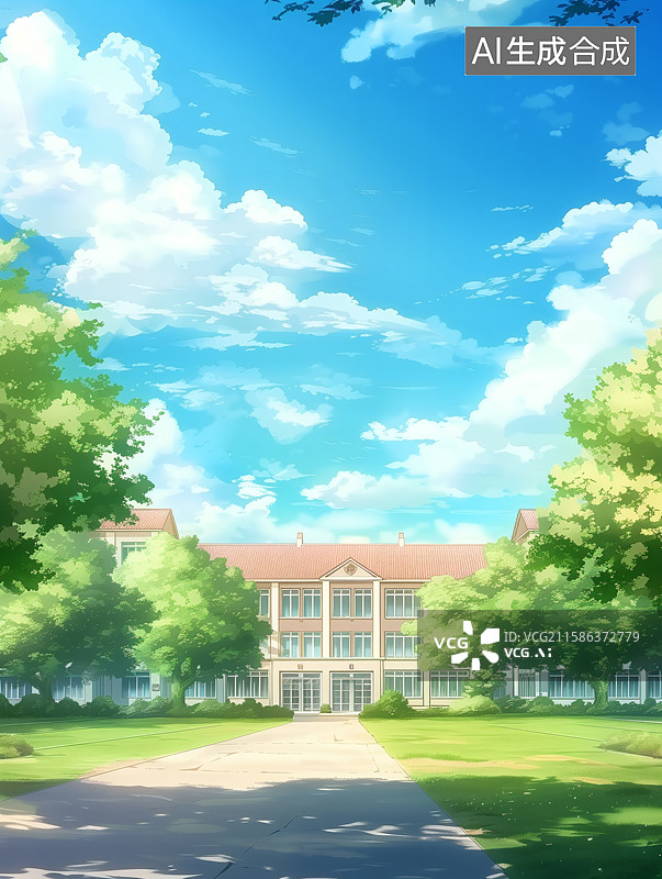 【AI数字艺术】空旷的校园草地场景插画图片素材