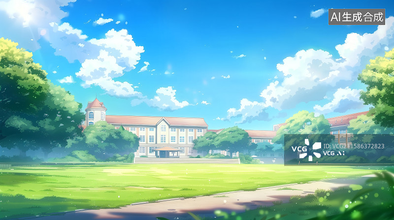 【AI数字艺术】空旷的校园草地场景插画图片素材