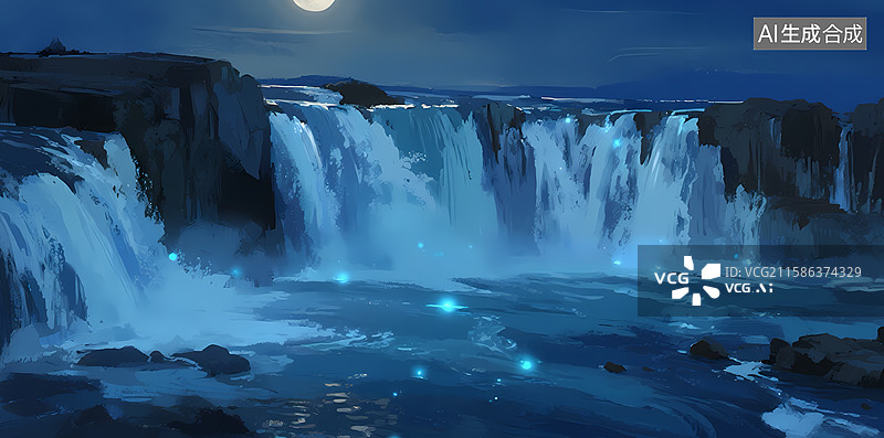 【AI数字艺术】月夜瀑布，幽蓝光芒图片素材