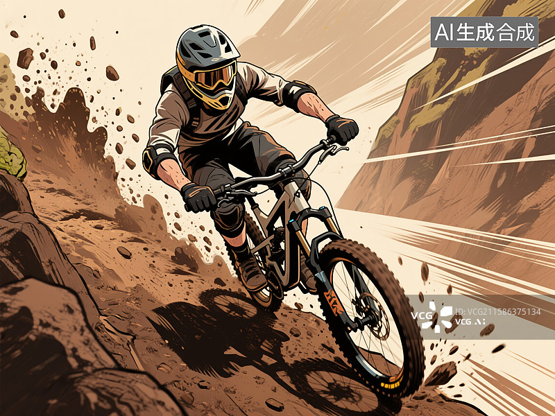 【AI数字艺术】山地自行车手疾驰下坡图片素材