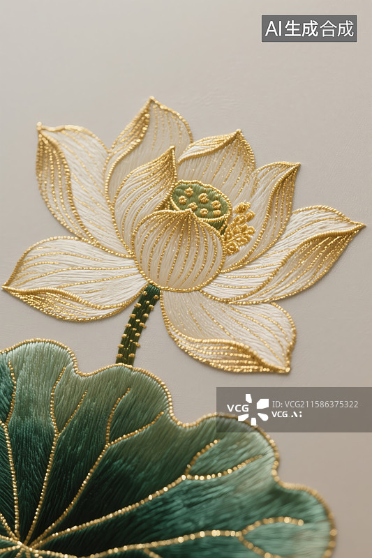 【AI数字艺术】金色莲花与绿叶的刺绣艺术图片素材