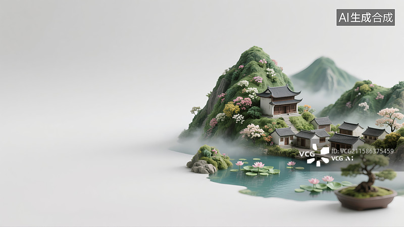 【AI数字艺术】山水环绕的古风村落图片素材