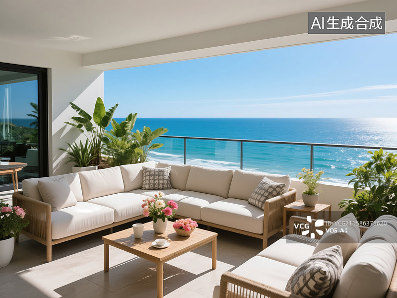 【AI数字艺术】海滨公寓客厅，海景尽收眼底图片素材