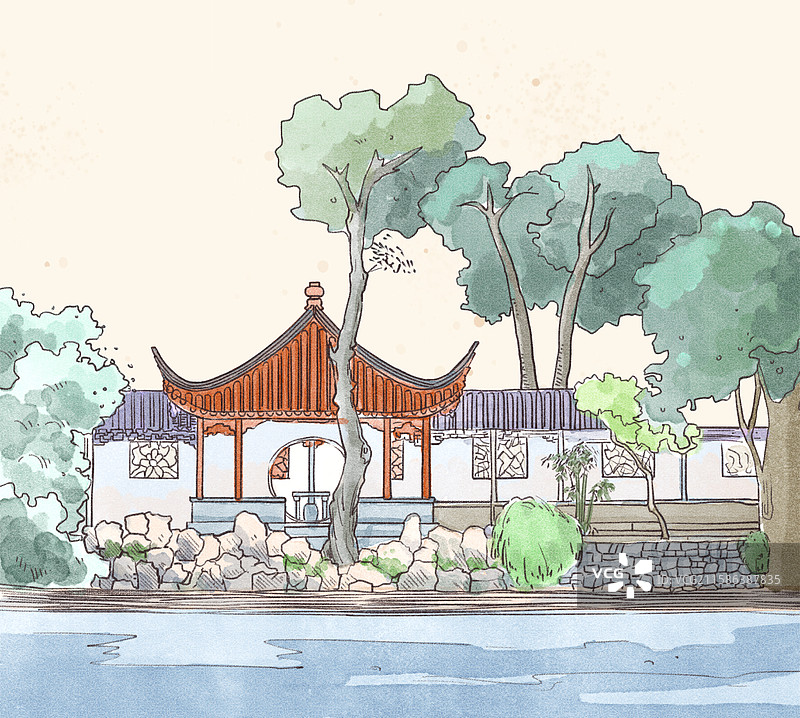 水彩古风园林图片素材