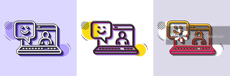 微笑的笔记本电脑线条图标，积极反馈评分图片素材