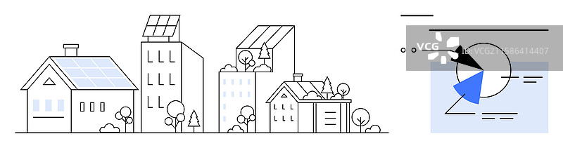 太阳能供电的城市建筑与能源数据饼图图片素材