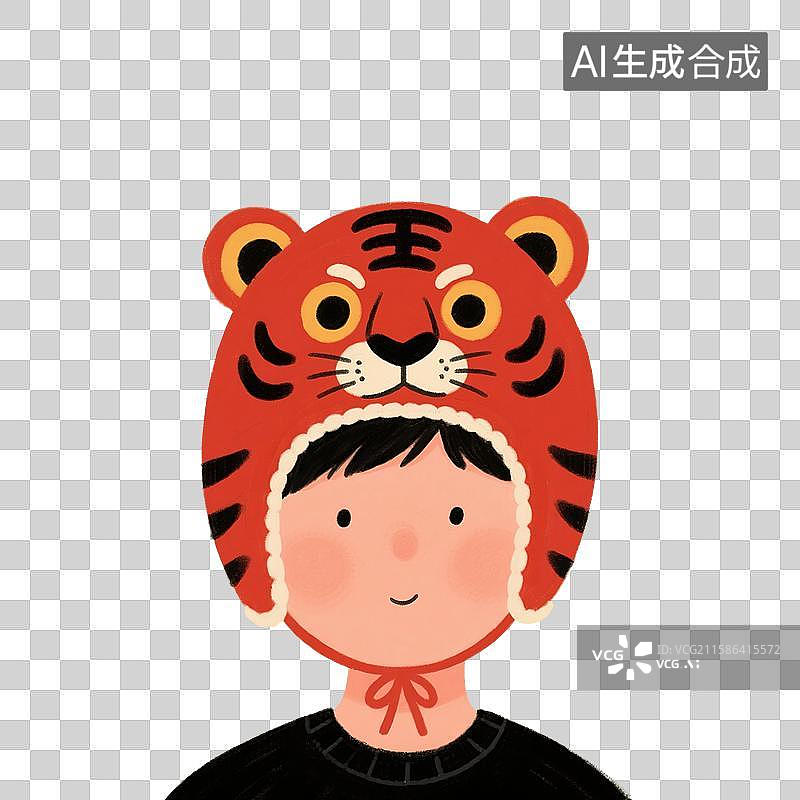 【AI数字艺术】中国风手绘插画，戴虎头帽的男孩，红色喜庆的春节新年，免抠元素图片素材
