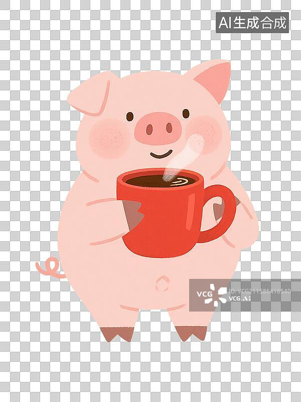 【AI数字艺术】治愈系手绘插画，卡通动物，喝咖啡的小猪，秋天，冬天，免抠元素图片素材