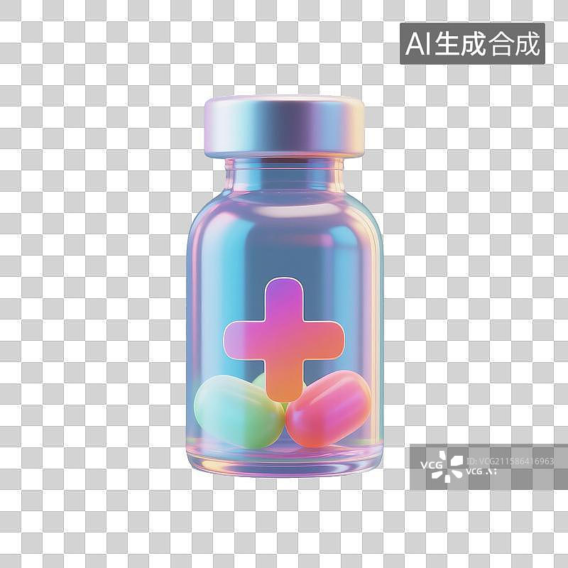 【AI数字艺术】3D渲染，炫彩激光镭射透明质感，药瓶，药丸，医院医疗医药安全，免抠元素图片素材