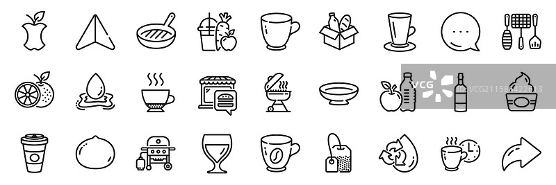 烧烤工具、食品市场和燃气烧烤的线条图标图片素材