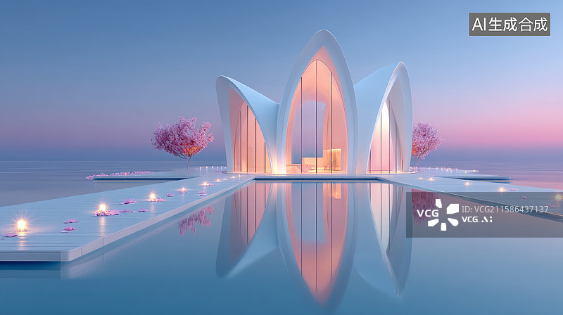 【AI数字艺术】日落时分带反射池的空灵现代礼拜堂图片素材