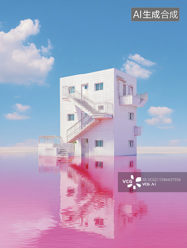 【AI数字艺术】蓝天下粉色水域中的白色现代建筑图片素材