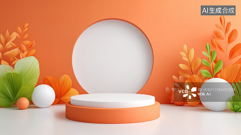 【AI数字艺术】橙色背景上的圆形白色展台图片素材
