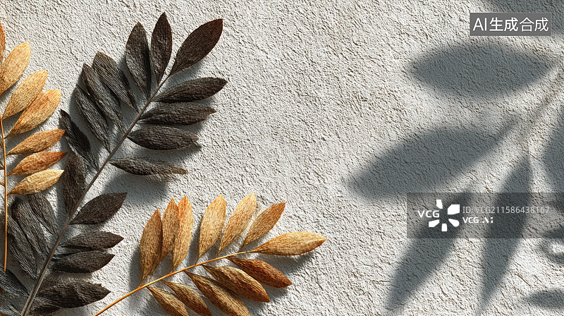 【AI数字艺术】纹理混凝土背景上的枯叶与阴影图片素材