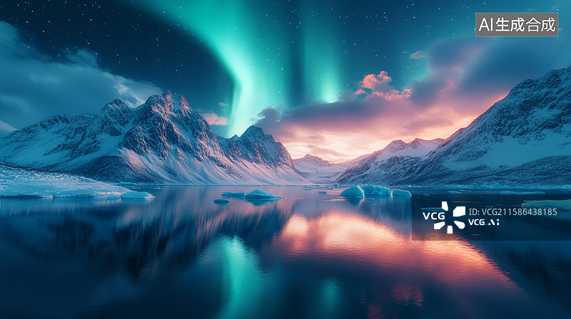 【AI数字艺术】北极光映照雪山与平静湖面图片素材