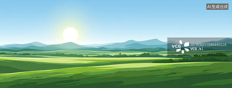 【AI数字艺术】晨曦下的绿色田野与远山图片素材