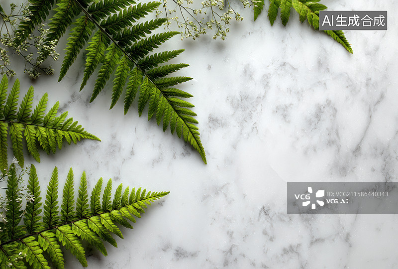 【AI数字艺术】白色大理石背景上的绿色蕨类植物图片素材
