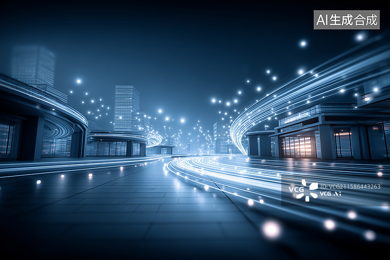 【AI数字艺术】科技感光纤发光线条城市夜景图片素材