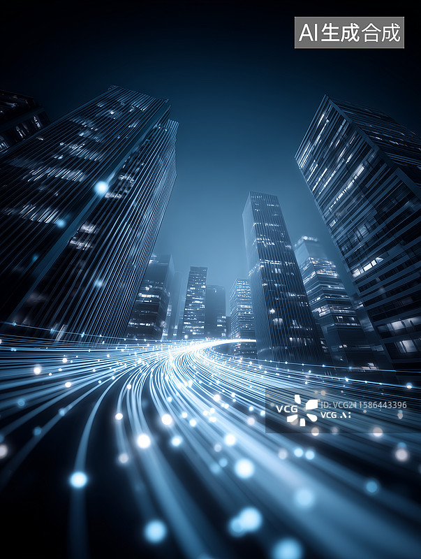 【AI数字艺术】科技感光纤发光线条城市夜景图片素材