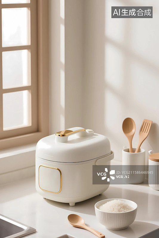 【AI数字艺术】暖色系厨房灶台上的智能电饭煲和厨具餐具图片素材
