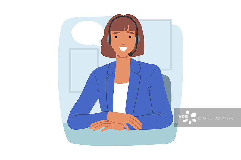 女客服代表微笑着坐在办公桌前图片素材