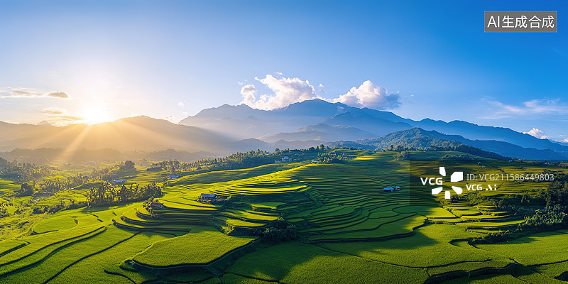 【AI数字艺术】黄昏中的梯田高视角航拍图片素材