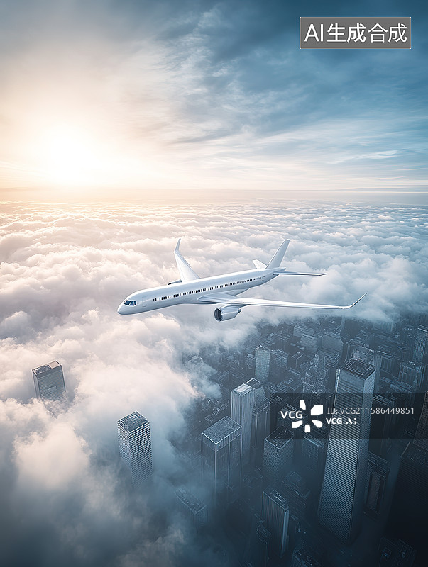 【AI数字艺术】航拍视角阳光下飞过城市上空的飞机图片素材
