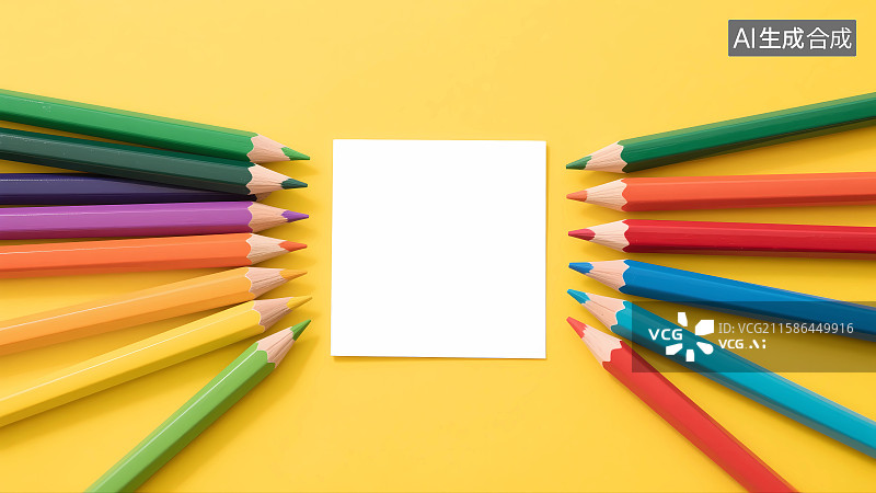 【AI数字艺术】黄色背景上排列整齐的彩色铅笔和一张白纸图片素材