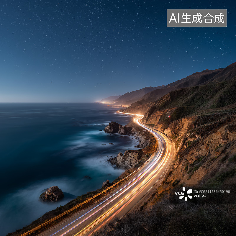 【AI数字艺术】海岸公路光轨摄影图片素材