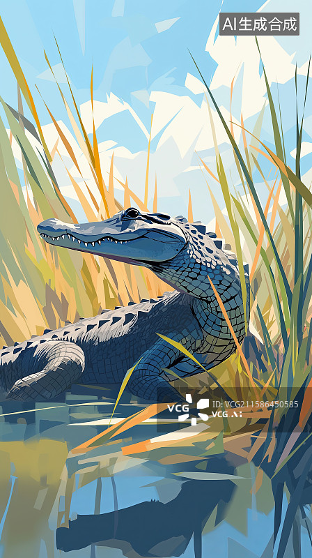 【AI数字艺术】扁平风格极简插画——沼泽湿地中的鳄鱼图片素材
