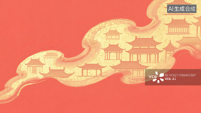 【AI数字艺术】金色祥云与传统建筑剪影图片素材