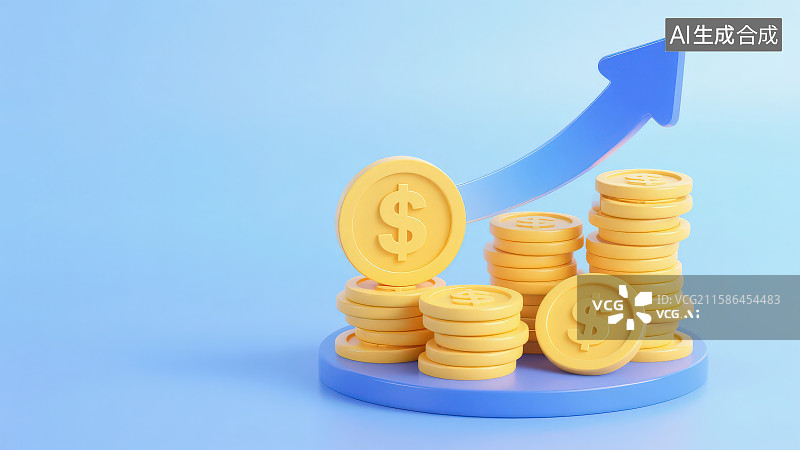 【AI数字艺术】浅蓝色背景下从低到高堆叠而成的金币堆上方还有带美元$符号的硬币金币和向上倾斜上涨的蓝色透明箭头图片素材