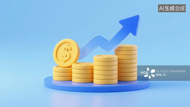 【AI数字艺术】浅蓝色背景下从低到高堆叠而成的金币堆上方还有带美元$符号的硬币金币和向上倾斜上涨的蓝色透明箭头图片素材