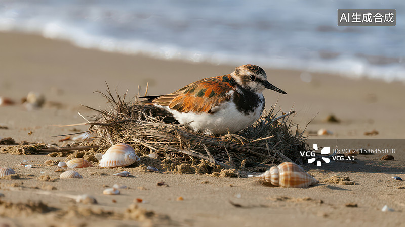 【AI数字艺术】沙滩上的鸟巢与孵蛋的鸟图片素材