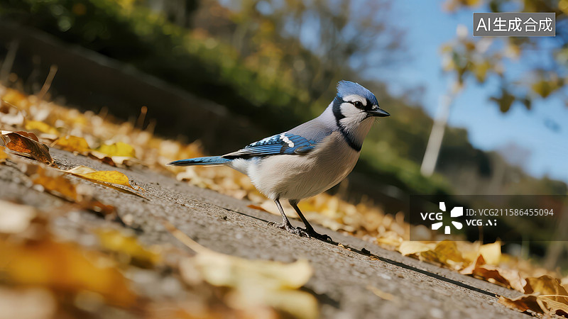 【AI数字艺术】蓝鸦漫步在落叶覆盖的小径上图片素材