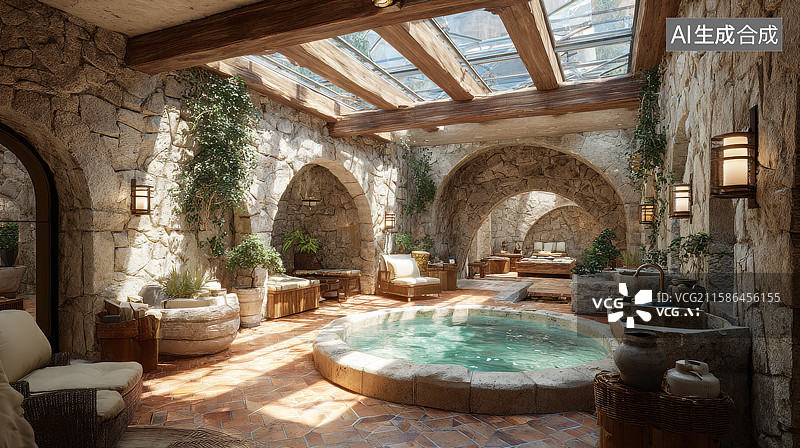 【AI数字艺术】石砌室内泳池与拱门设计图片素材