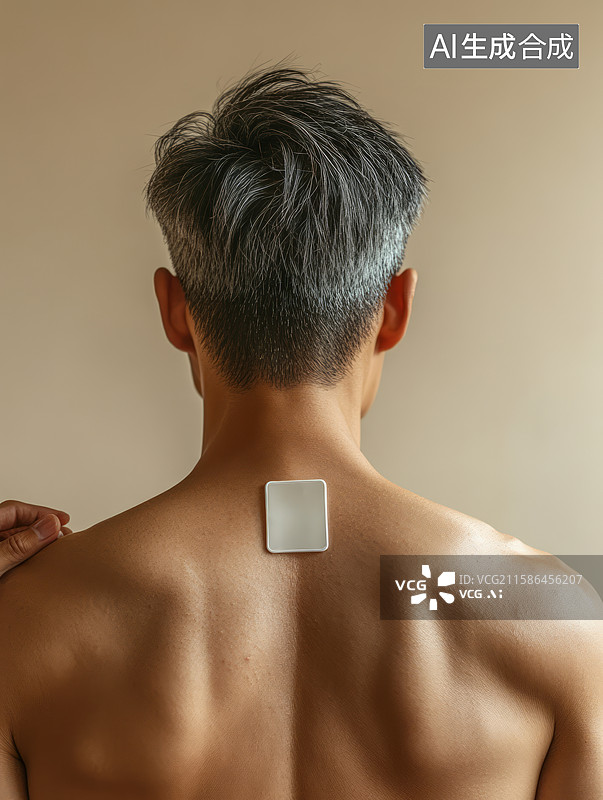 【AI数字艺术】男性背部使用肩颈贴治疗颈椎病缓解疼痛图片素材