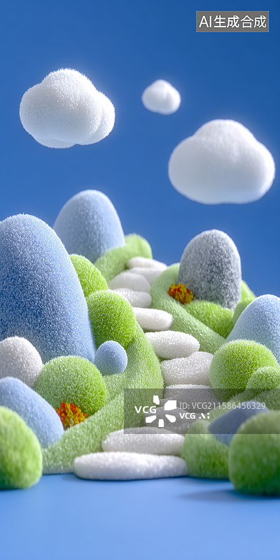 【AI数字艺术】毛绒山丘与石径的梦幻场景图片素材