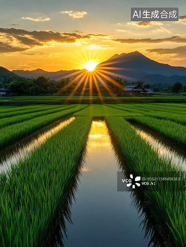 【AI数字艺术】日落黄昏下绿色稻田生态景观图片素材