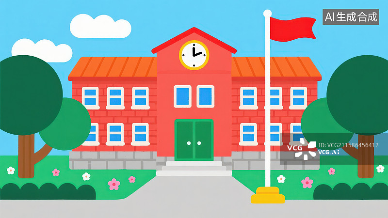 【AI数字艺术】学校户外教学楼场景插画图片素材