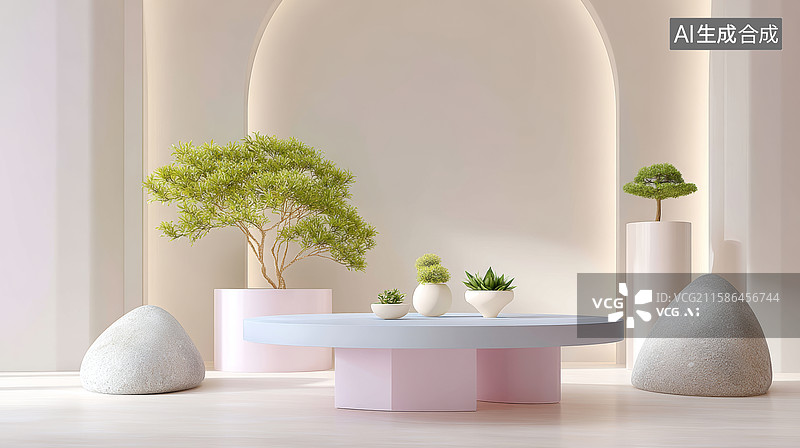 【AI数字艺术】粉色展台和绿植图片素材