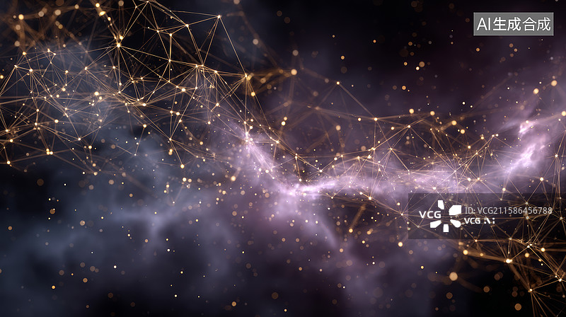 【AI数字艺术】深色背景下金色光点连接形成网络图片素材