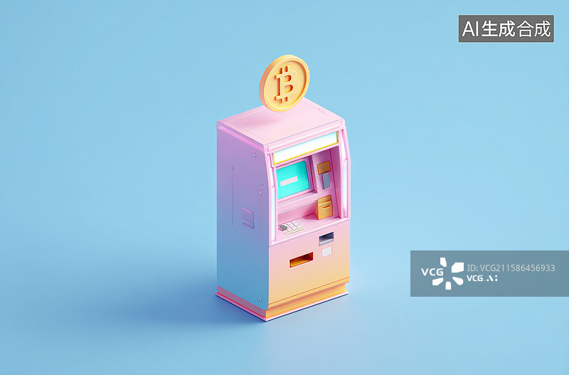 【AI数字艺术】粉色ATM机与金色比特币图片素材