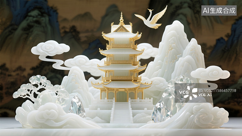 【AI数字艺术】C4D，建模，数字艺术，玉雕，黄鹤楼，将王希孟的山水精髓与多层剪纸艺术、金镶玉雕图片素材