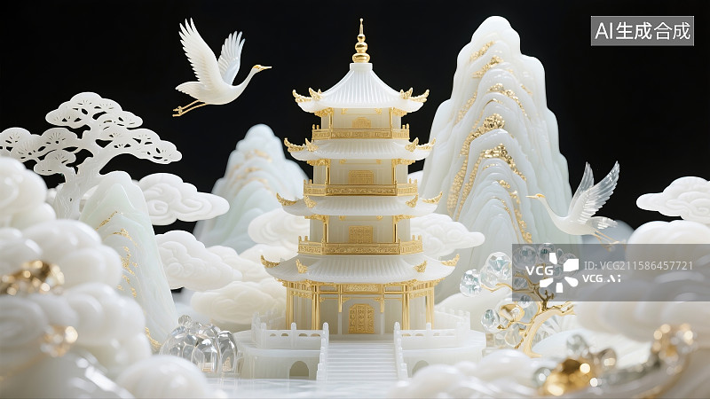 【AI数字艺术】C4D，建模，数字艺术，玉雕，黄鹤楼，将王希孟的山水精髓与多层剪纸艺术、金镶玉雕图片素材