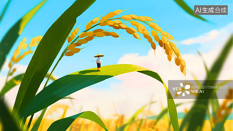 【AI数字艺术】秋收丰收特写饱满麦穗儿童站在麦子上背景插画图片素材
