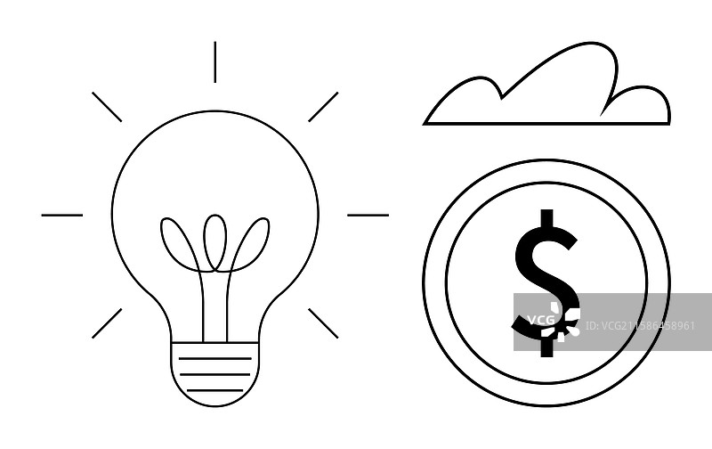 带芽的灯泡，下面有美元符号的硬币图片素材