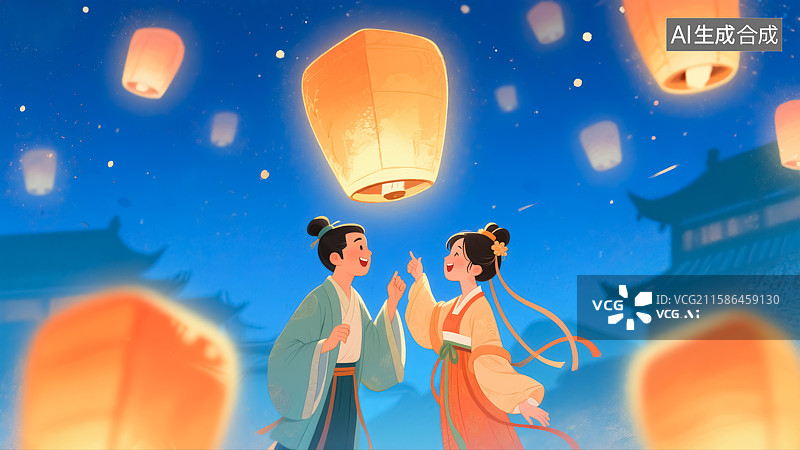 【AI数字艺术】中式情侣放孔明灯节日插画图片素材